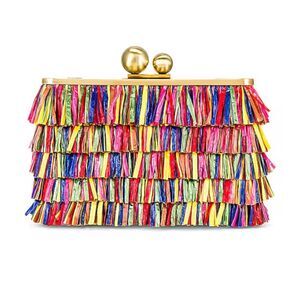 REVOLVE olga berg Carlita Carnivale Clutch Fringe and Raffia Gold Chain Strap
